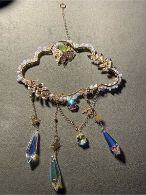 Gold-tone Blue Lace Agate Crystal Sun Catcher ☀️ Hanging Charm 🪬
